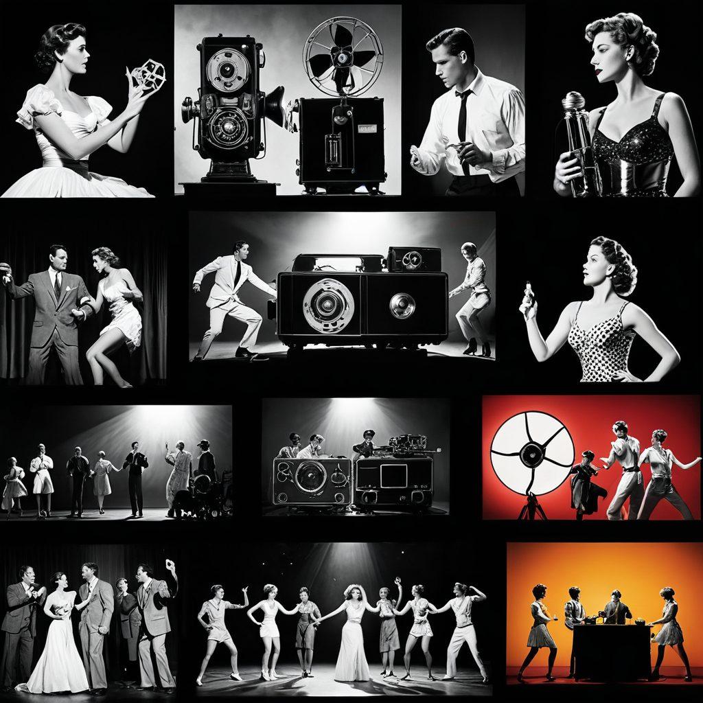 A dramatic collage showcasing the evolution of mature content, featuring a vintage film projector casting black-and-white adult film scenes on one side, transitioning to vibrant contemporary live performances with dynamic dancers in colorful costumes on the other. The background blends elements of a classic cinema and a modern stage with bright lights and an enthusiastic audience. This composition highlights the contrast between past and present, emphasizing cultural shifts and artistic expression. super-realistic. vibrant colors. 3D.